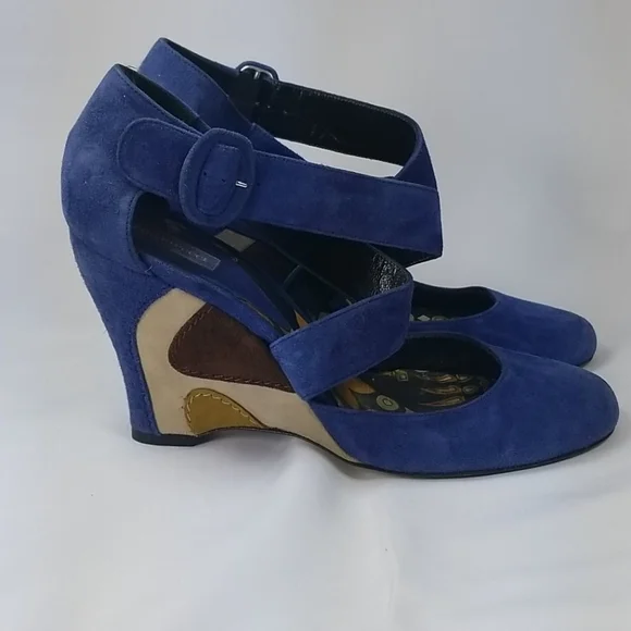 Vtg y2k Emilio Pucci Blue Suede Wedge Heels 36.5